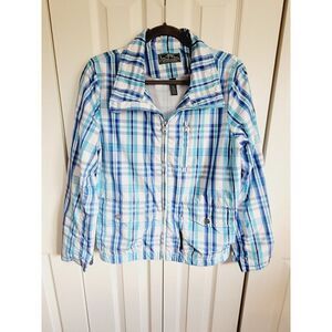 Lauren‎ Ralph Lauren Active L Blue Rain Jacket Plaid Pockets Mesh Lined Zip Up